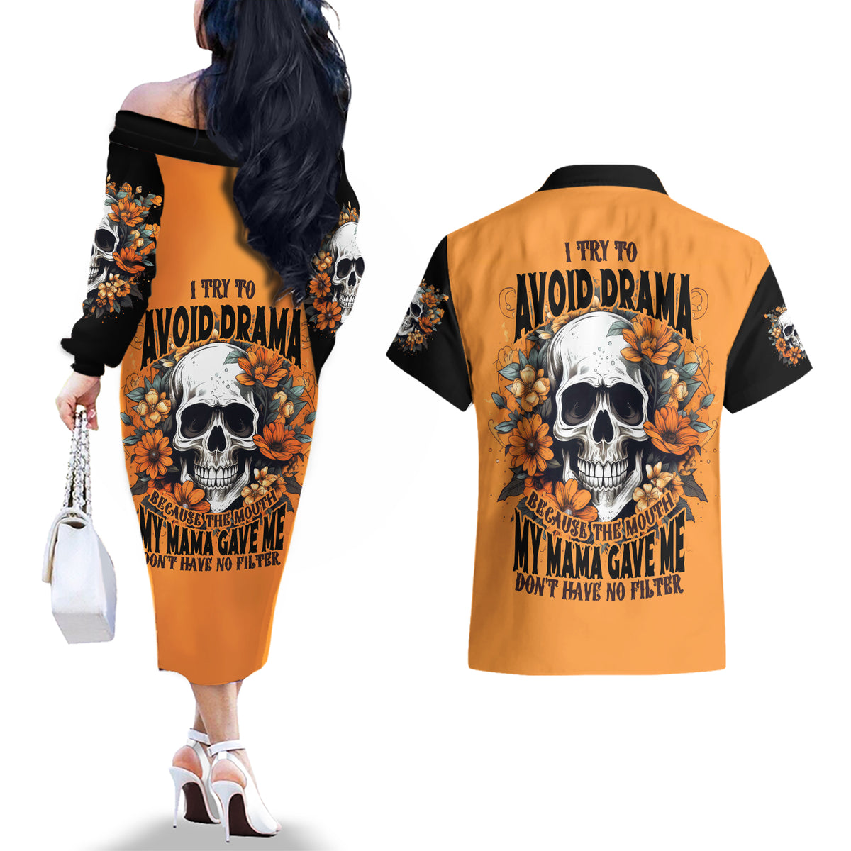 Flower Skull Couples Matching Off The Shoulder Long Sleeve Dress and Hawaiian Shirt I Try To Avoid Drama - Wonder Print Shop