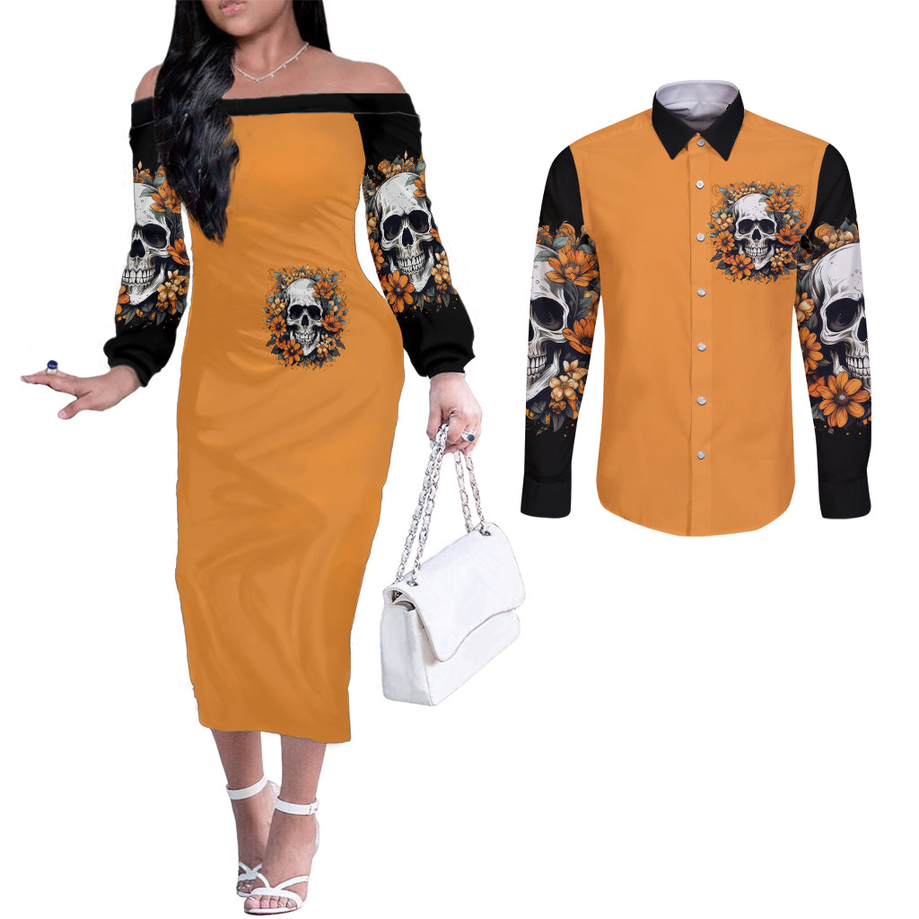 Flower Skull Couples Matching Off The Shoulder Long Sleeve Dress and Long Sleeve Button Shirts I Try To Avoid Drama DT01