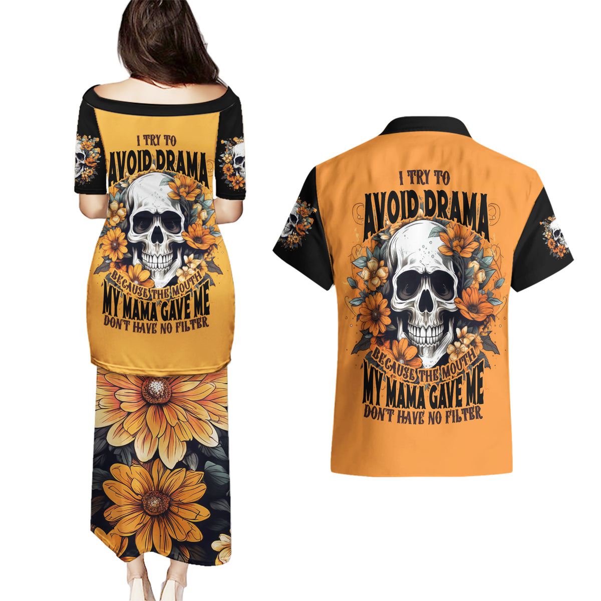 Flower Skull Couples Matching Puletasi Dress and Hawaiian Shirt I Try To Avoid Drama - Wonder Print Shop