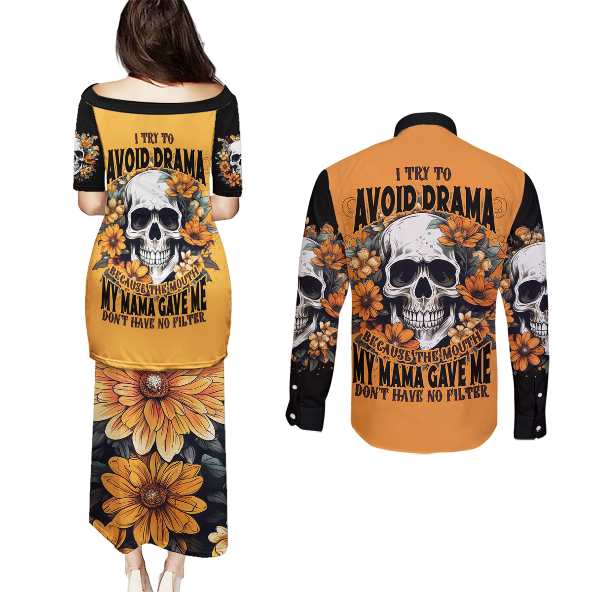 Flower Skull Couples Matching Puletasi Dress and Long Sleeve Button Shirts I Try To Avoid Drama - Wonder Print Shop