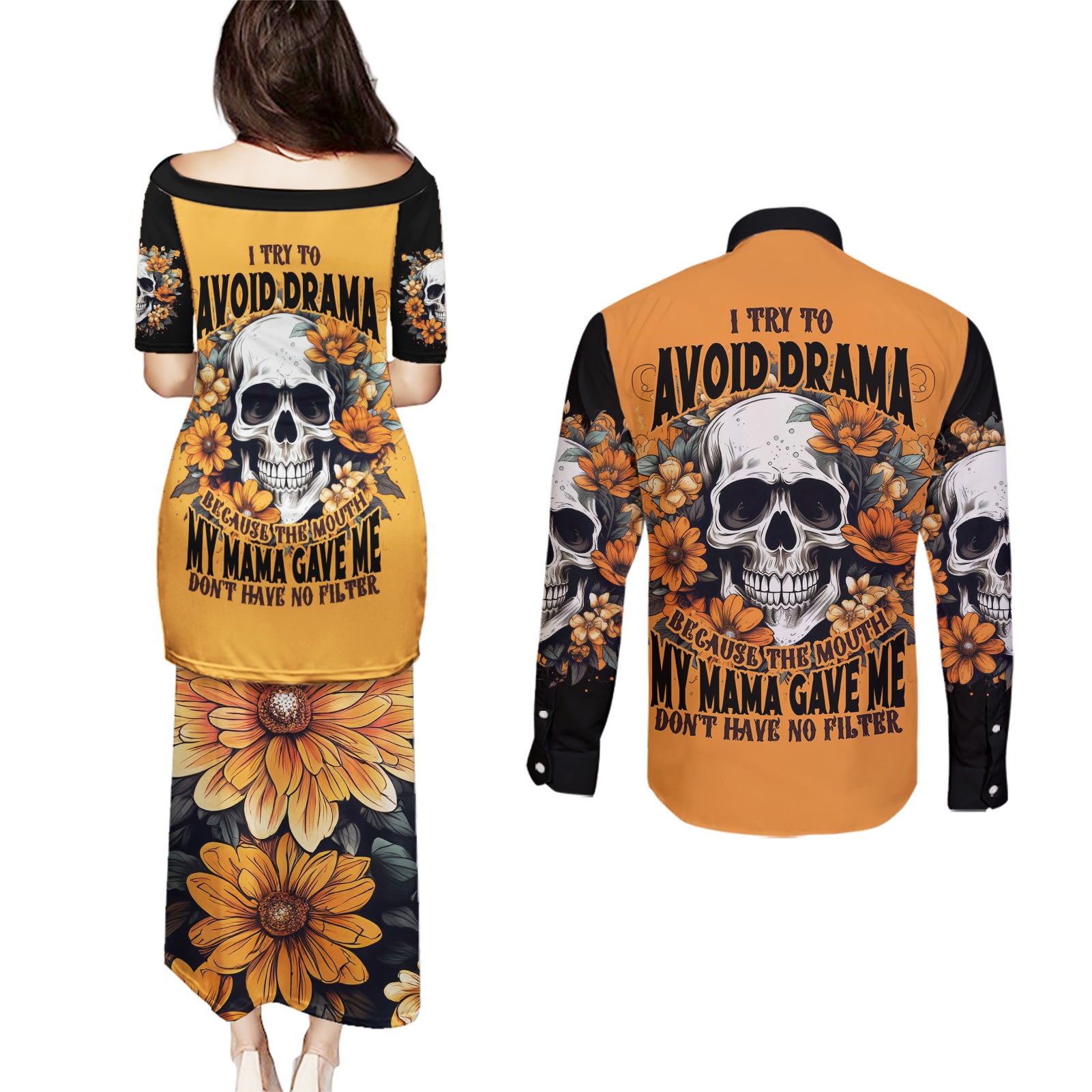 Flower Skull Couples Matching Puletasi Dress and Long Sleeve Button Shirts I Try To Avoid Drama - Wonder Print Shop
