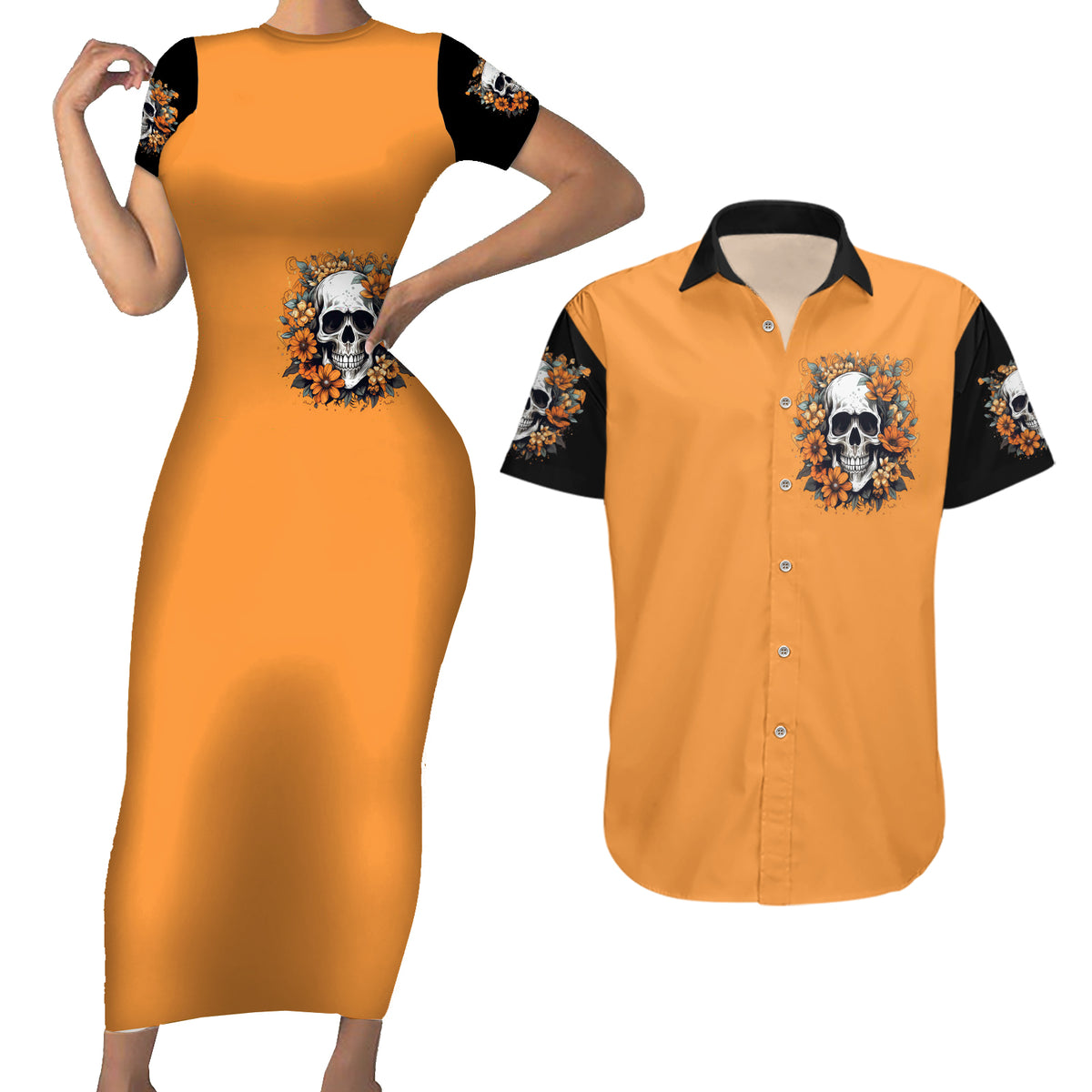 Flower Skull Couples Matching Short Sleeve Bodycon Dress and Hawaiian Shirt I Try To Avoid Drama - Wonder Print Shop