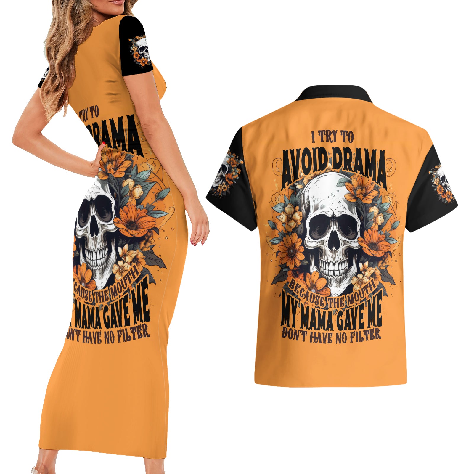 Flower Skull Couples Matching Short Sleeve Bodycon Dress and Hawaiian Shirt I Try To Avoid Drama - Wonder Print Shop