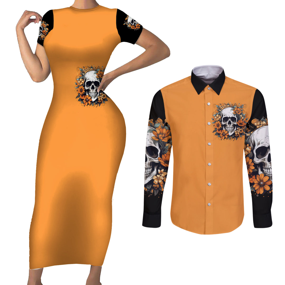 Flower Skull Couples Matching Short Sleeve Bodycon Dress and Long Sleeve Button Shirts I Try To Avoid Drama - Wonder Print Shop