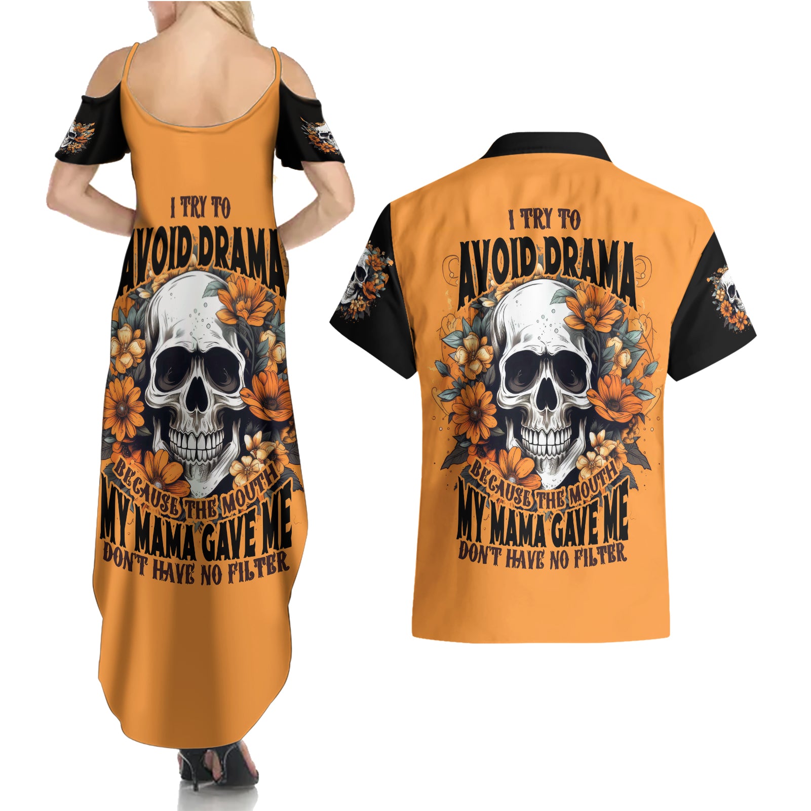 Flower Skull Couples Matching Summer Maxi Dress and Hawaiian Shirt I Try To Avoid Drama - Wonder Print Shop