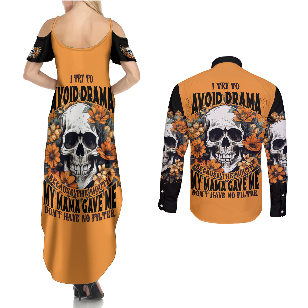 Flower Skull Couples Matching Summer Maxi Dress and Long Sleeve Button Shirts I Try To Avoid Drama - Wonder Print Shop