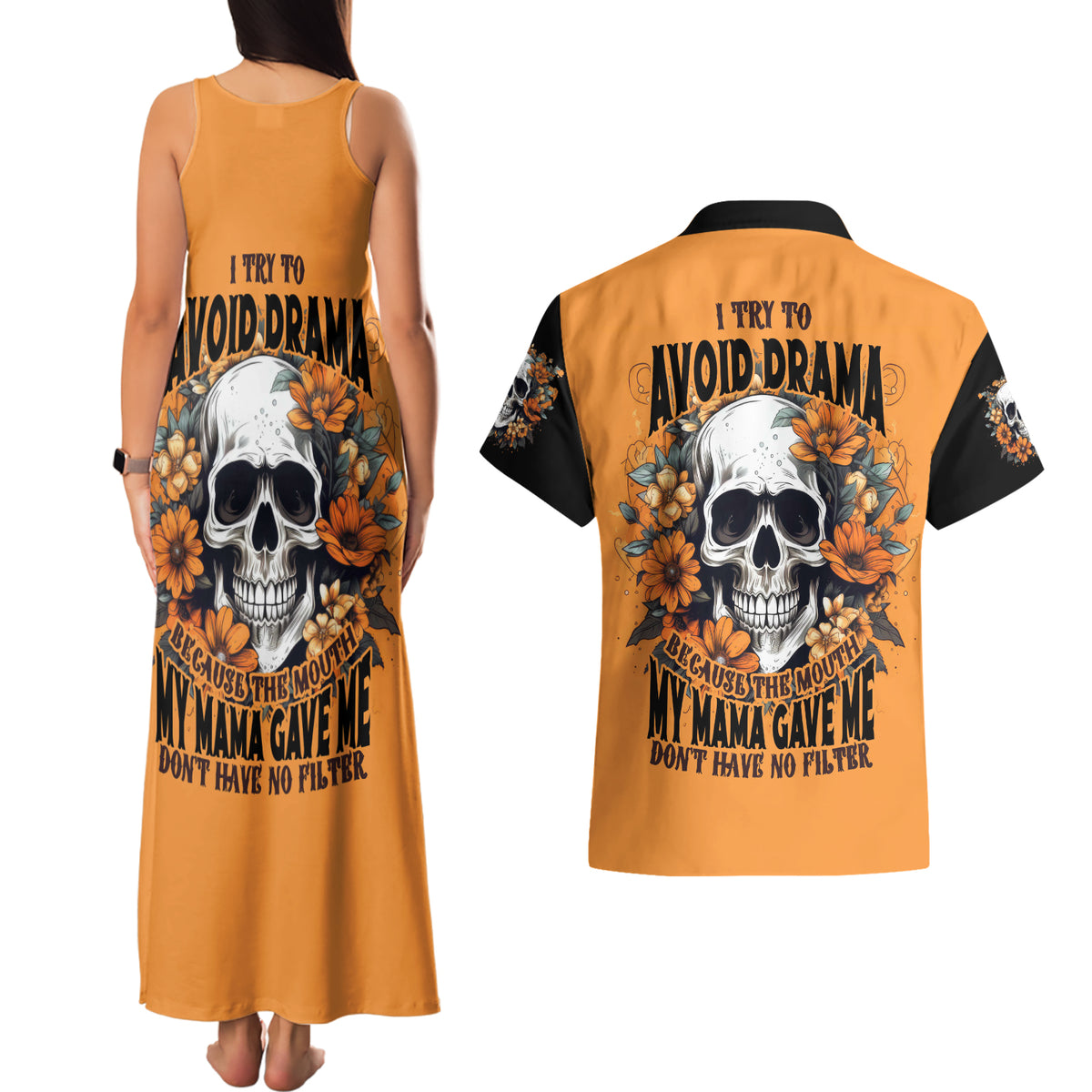 Flower Skull Couples Matching Tank Maxi Dress and Hawaiian Shirt I Try To Avoid Drama - Wonder Print Shop