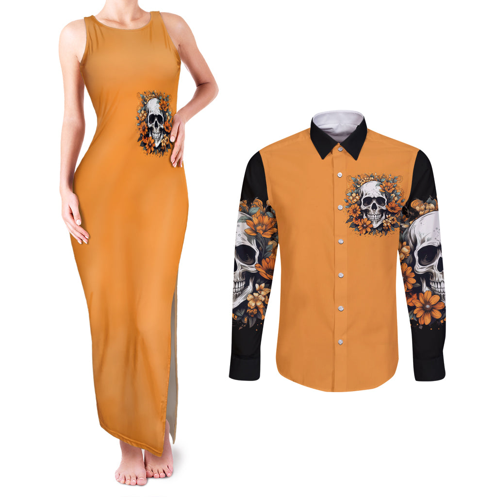 Flower Skull Couples Matching Tank Maxi Dress and Long Sleeve Button Shirts I Try To Avoid Drama - Wonder Print Shop
