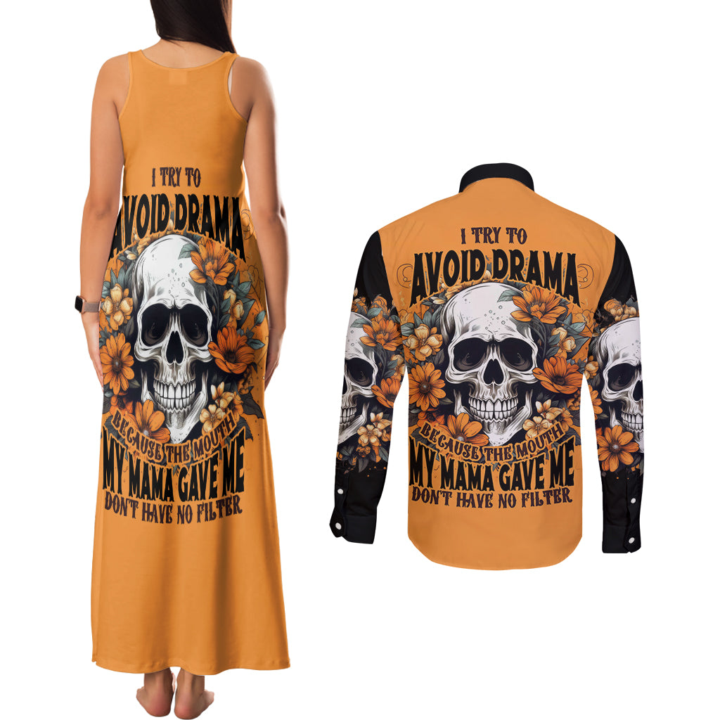 Flower Skull Couples Matching Tank Maxi Dress and Long Sleeve Button Shirts I Try To Avoid Drama - Wonder Print Shop