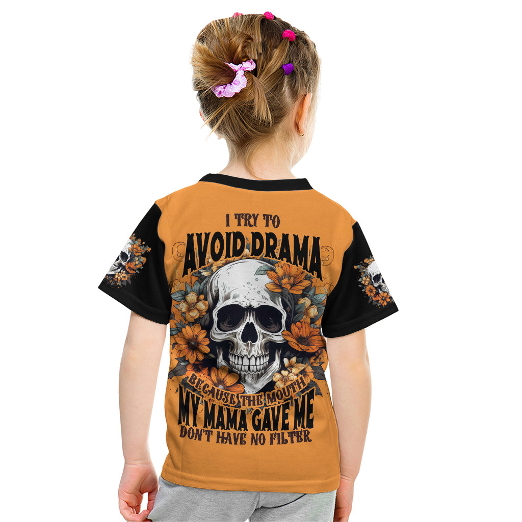 Flower Skull Kid T Shirt I Try To Avoid Drama - Wonder Print Shop