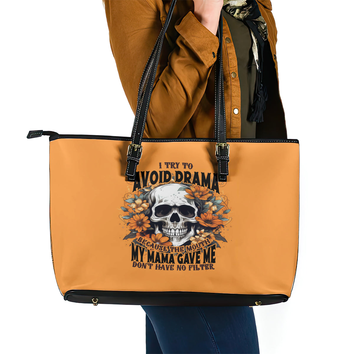 Flower Skull Leather Tote Bag I Try To Avoid Drama - Wonder Print Shop