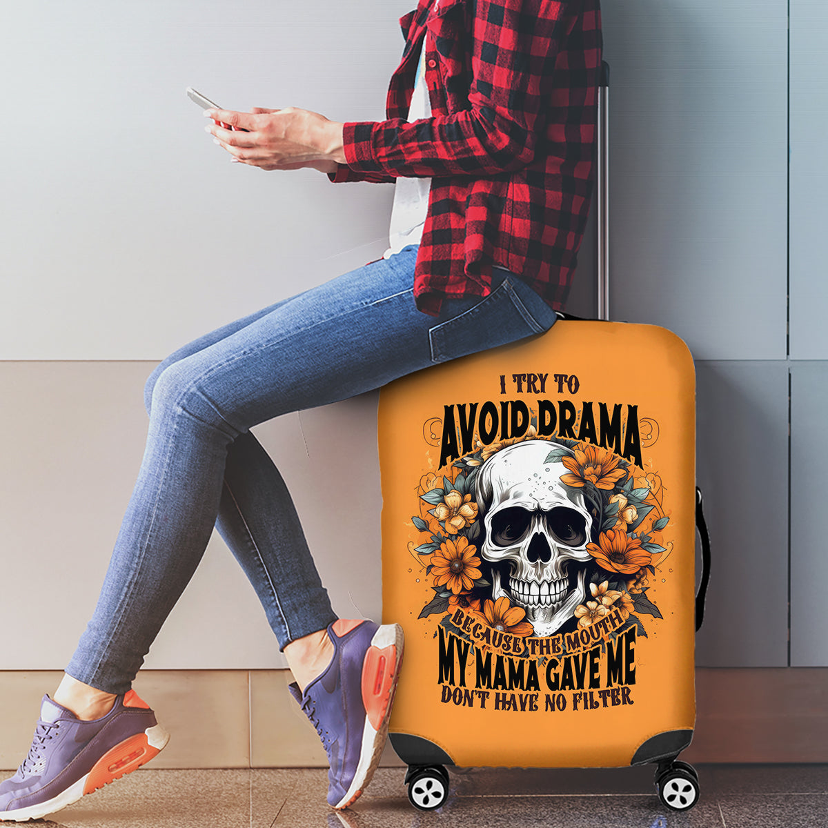 Flower Skull Luggage Cover I Try To Avoid Drama - Wonder Print Shop