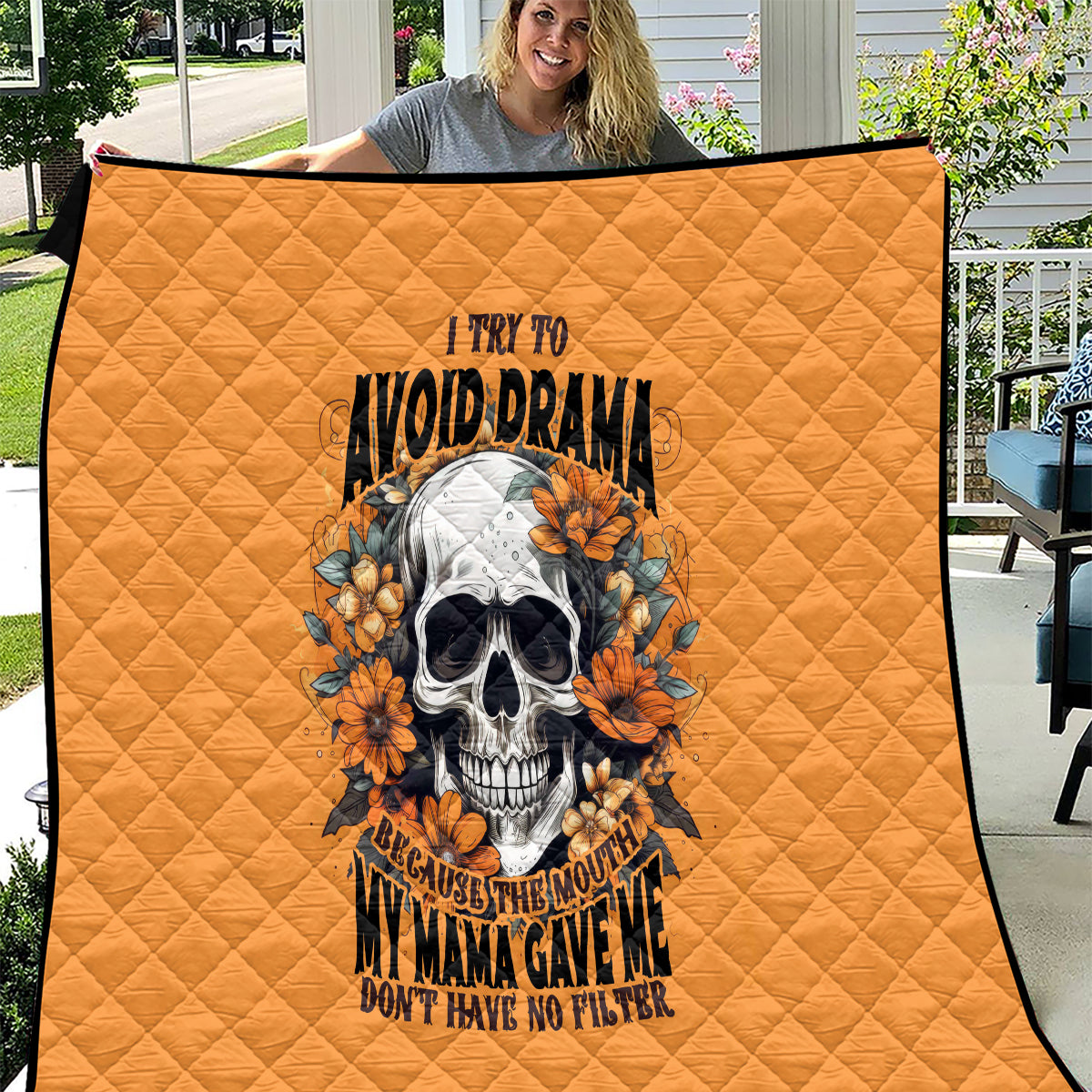 Flower Skull Quilt I Try To Avoid Drama - Wonder Print Shop