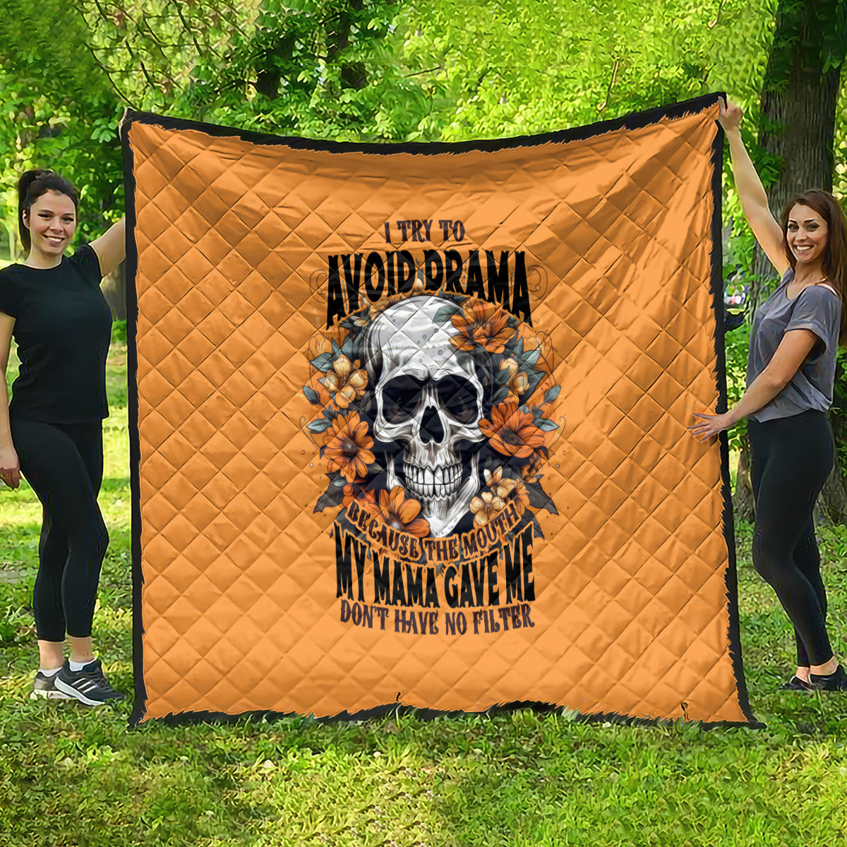 Flower Skull Quilt I Try To Avoid Drama - Wonder Print Shop