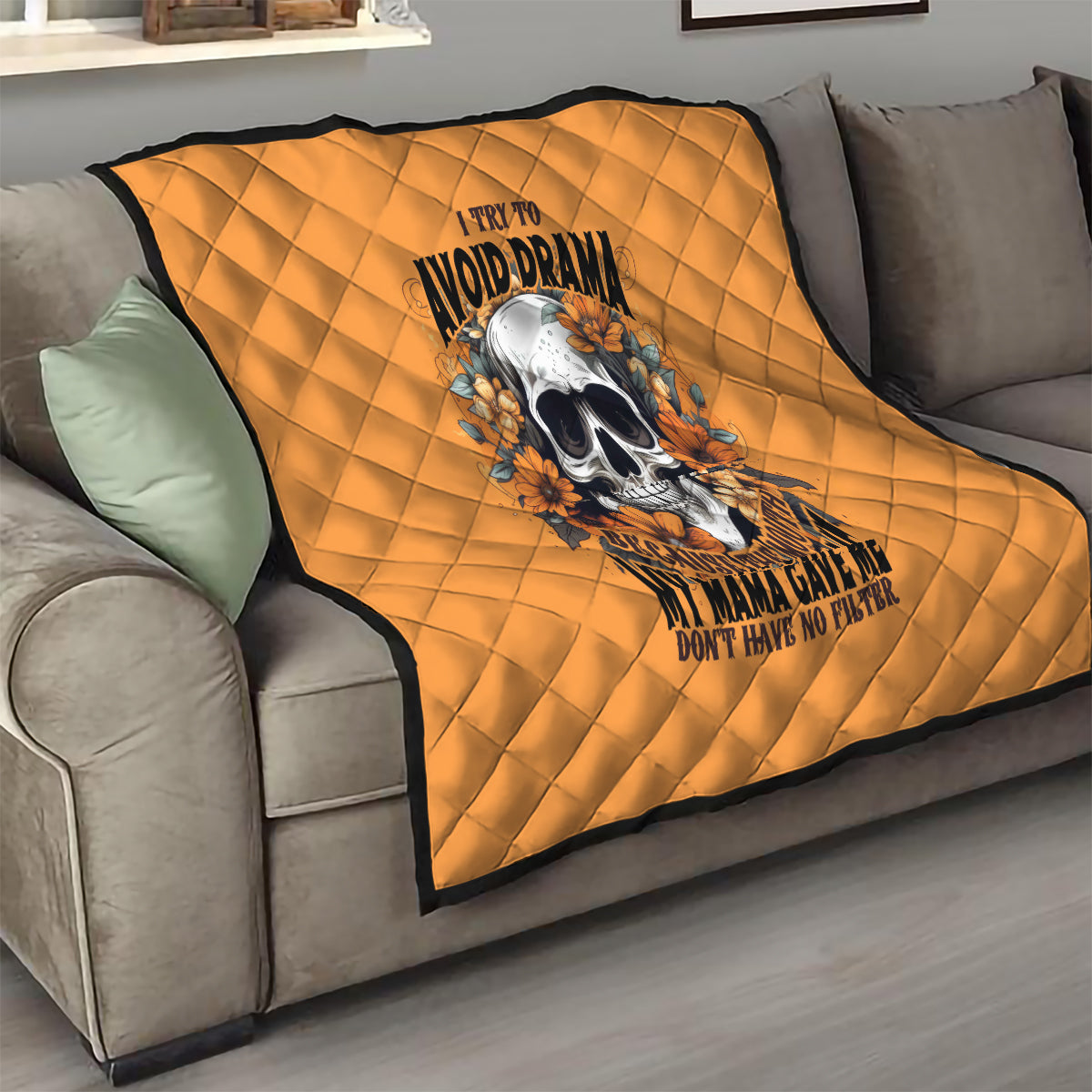 Flower Skull Quilt I Try To Avoid Drama - Wonder Print Shop