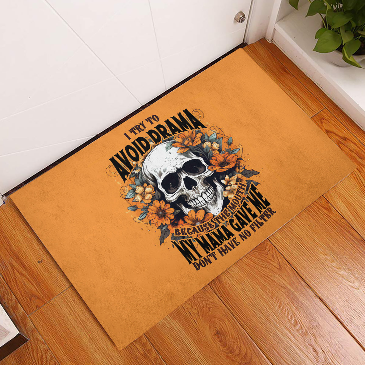 Flower Skull Rubber Doormat I Try To Avoid Drama - Wonder Print Shop