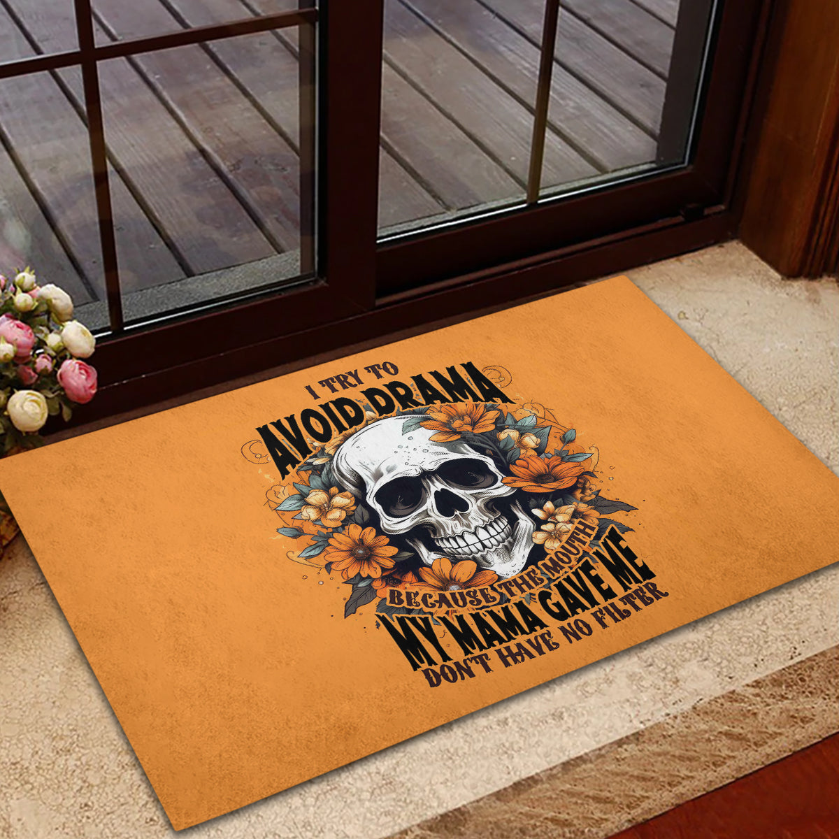 Flower Skull Rubber Doormat I Try To Avoid Drama - Wonder Print Shop