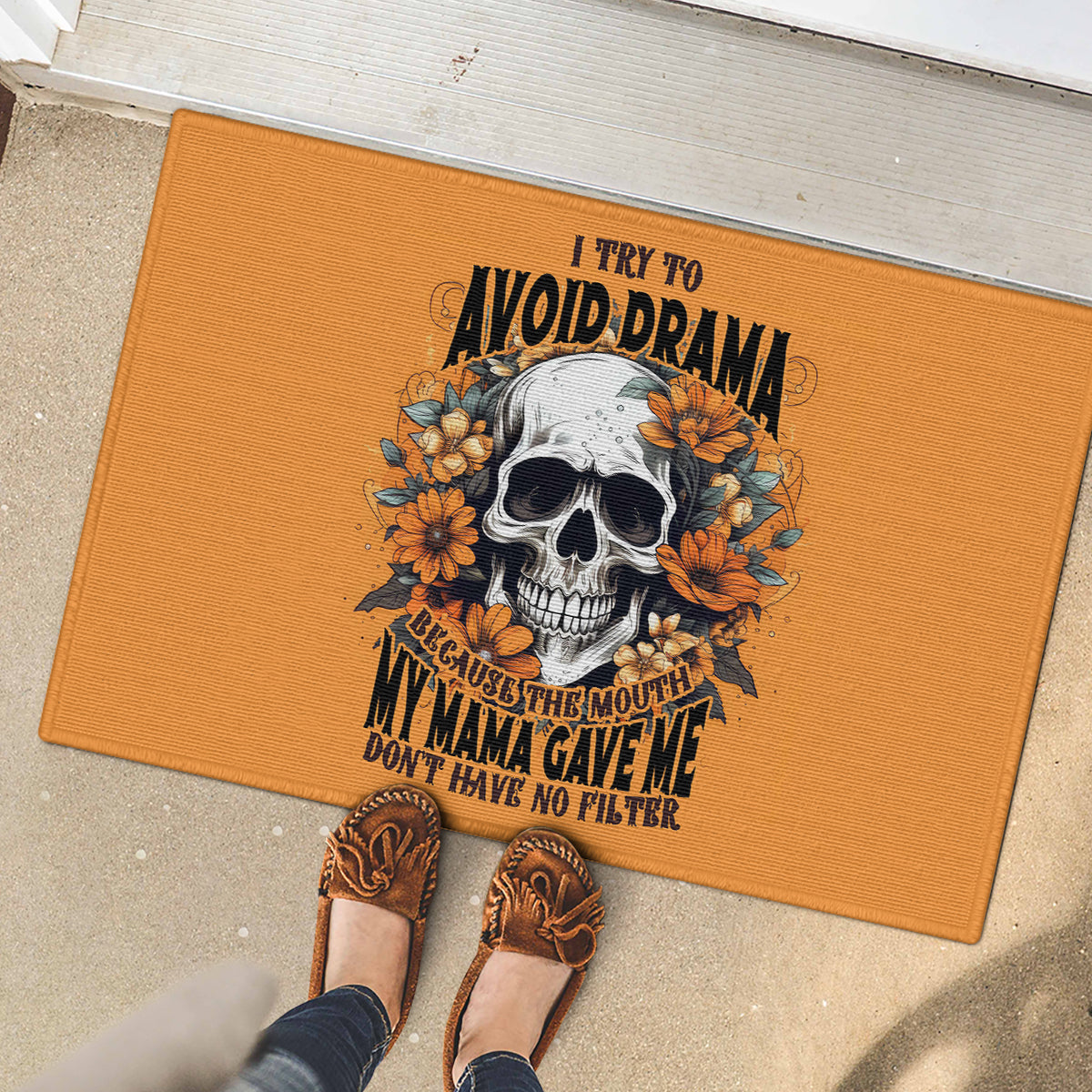 Flower Skull Rubber Doormat I Try To Avoid Drama - Wonder Print Shop
