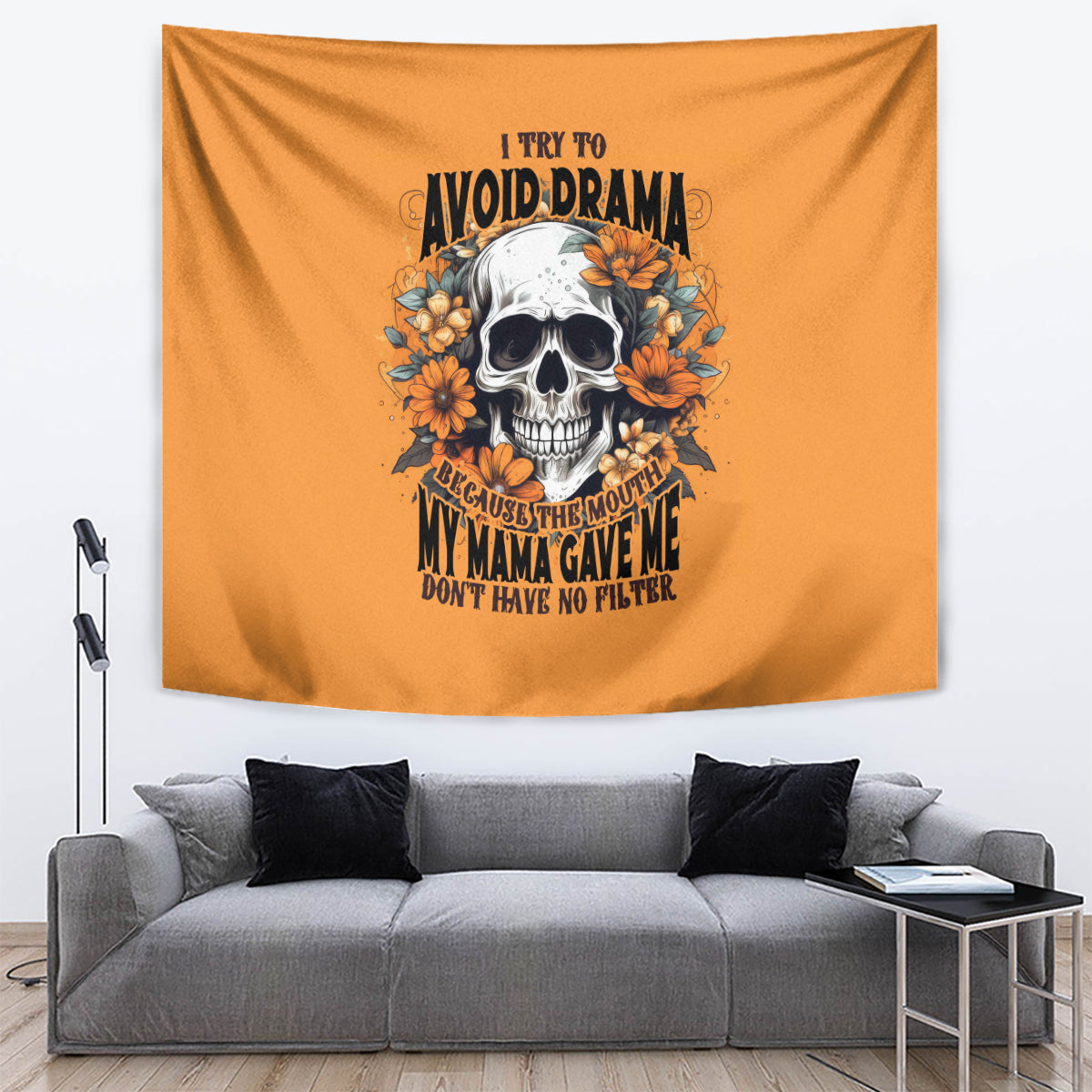 Flower Skull Tapestry I Try To Avoid Drama - Wonder Print Shop