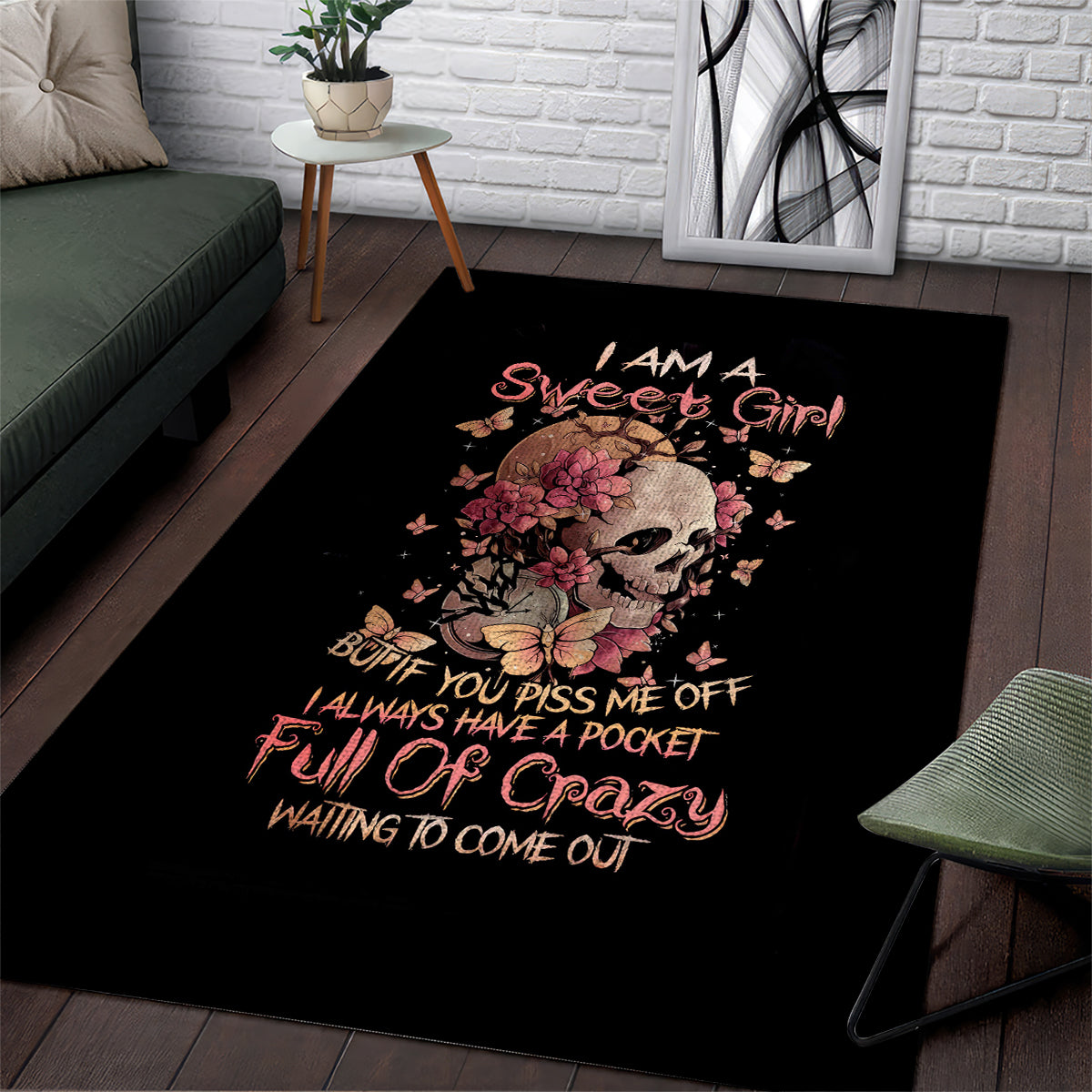 Flower Skull Area Rug Iam A Sweet Girl Full Of Crazy - Wonder Print Shop
