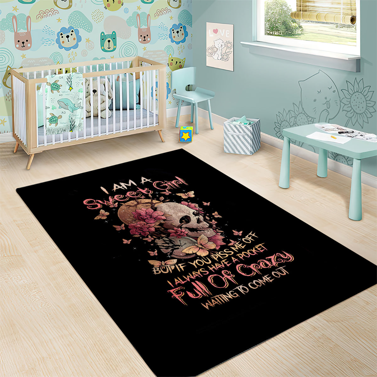 Flower Skull Area Rug Iam A Sweet Girl Full Of Crazy - Wonder Print Shop