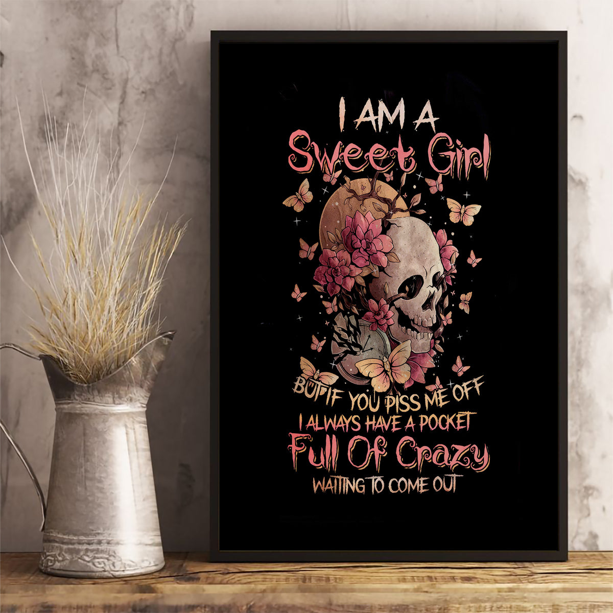 Flower Skull Canvas Wall Art Iam A Sweet Girl Full Of Crazy - Wonder Print Shop