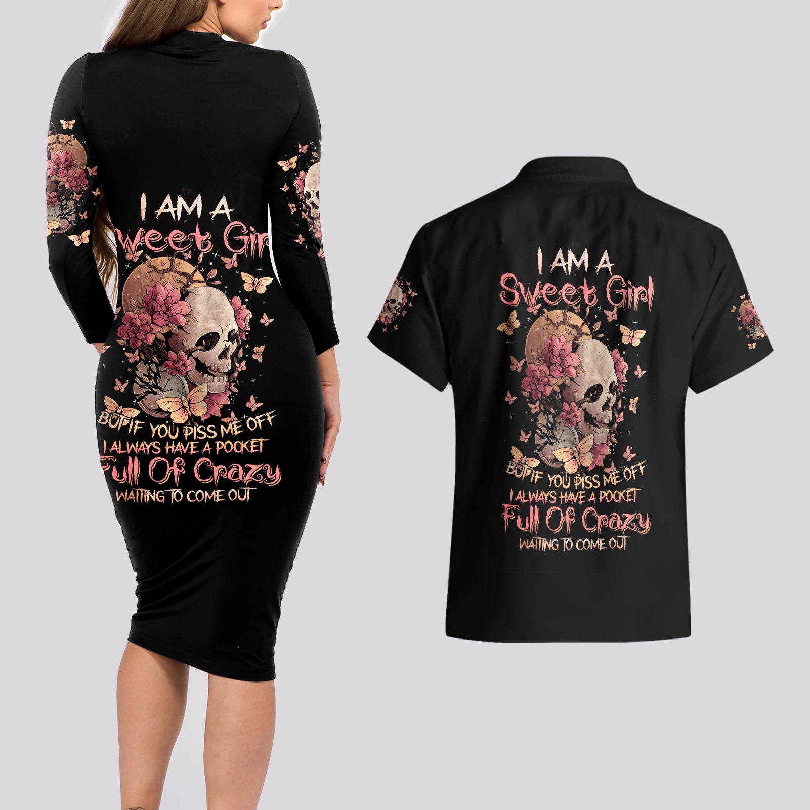 Flower Skull Couples Matching Long Sleeve Bodycon Dress and Hawaiian Shirt Iam A Sweet Girl Full Of Crazy - Wonder Print Shop