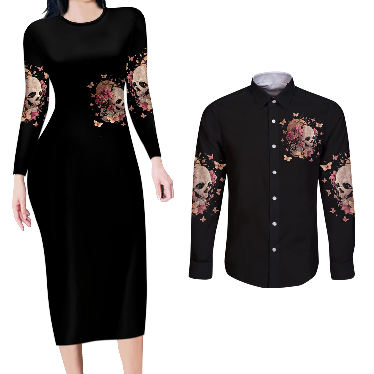 Flower Skull Couples Matching Long Sleeve Bodycon Dress and Long Sleeve Button Shirts Iam A Sweet Girl Full Of Crazy - Wonder Print Shop