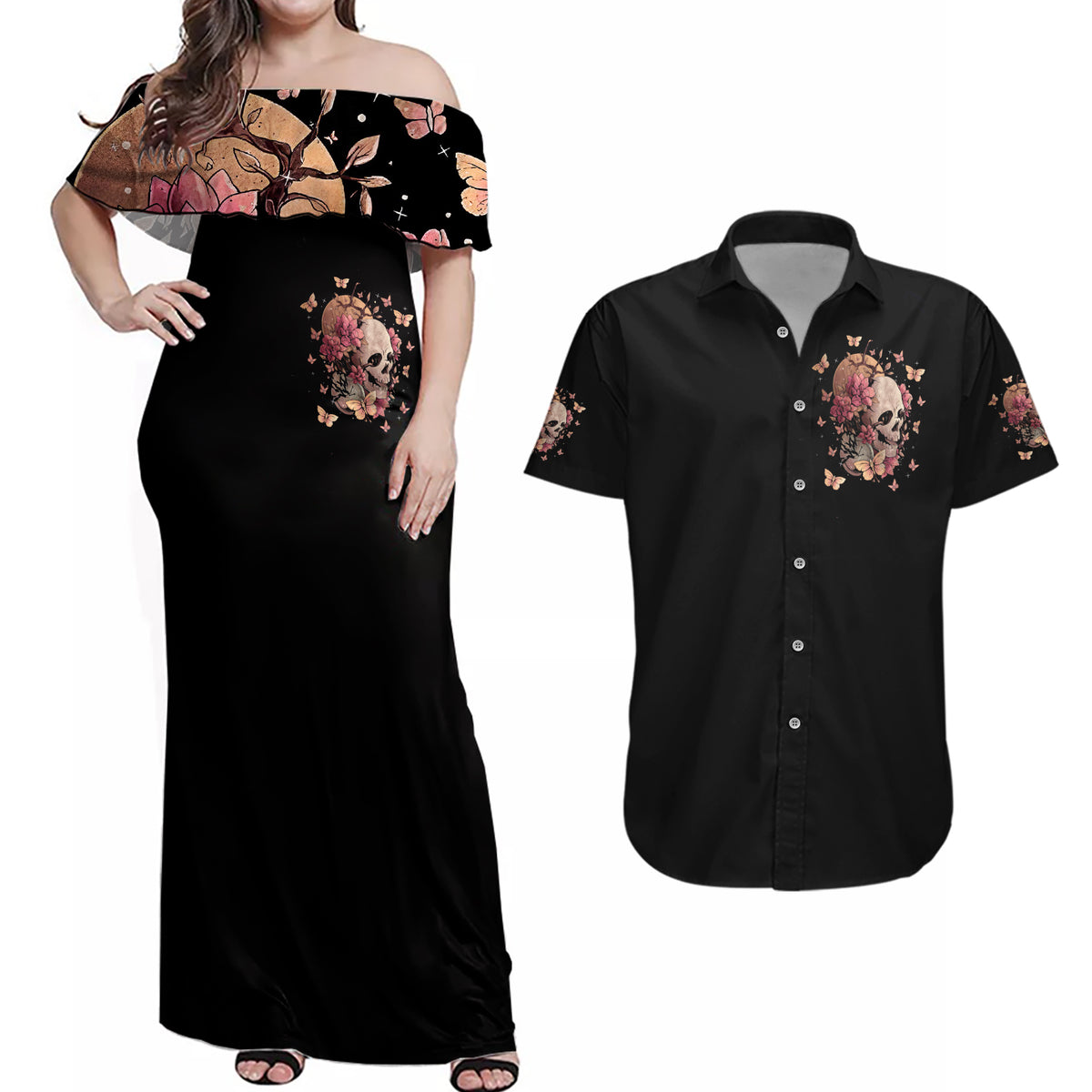 Flower Skull Couples Matching Off Shoulder Maxi Dress and Hawaiian Shirt Iam A Sweet Girl Full Of Crazy - Wonder Print Shop