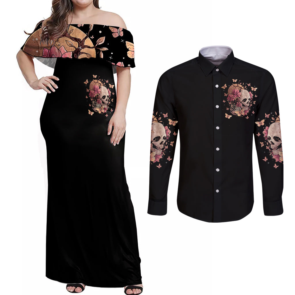 Flower Skull Couples Matching Off Shoulder Maxi Dress and Long Sleeve Button Shirts Iam A Sweet Girl Full Of Crazy - Wonder Print Shop