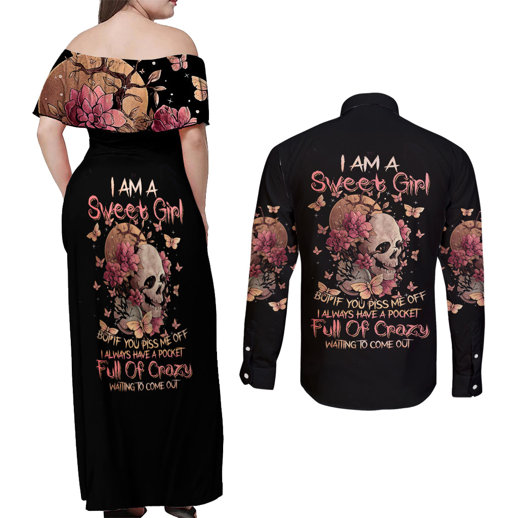 Flower Skull Couples Matching Off Shoulder Maxi Dress and Long Sleeve Button Shirts Iam A Sweet Girl Full Of Crazy - Wonder Print Shop