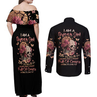 Flower Skull Couples Matching Off Shoulder Maxi Dress and Long Sleeve Button Shirts Iam A Sweet Girl Full Of Crazy - Wonder Print Shop
