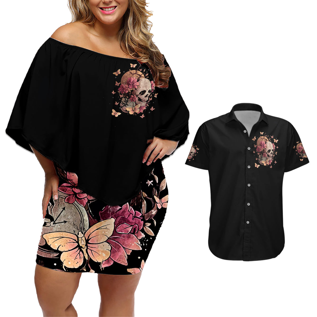 Flower Skull Couples Matching Off Shoulder Short Dress and Hawaiian Shirt Iam A Sweet Girl Full Of Crazy - Wonder Print Shop