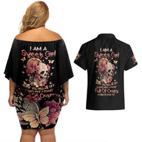 Flower Skull Couples Matching Off Shoulder Short Dress and Hawaiian Shirt Iam A Sweet Girl Full Of Crazy - Wonder Print Shop