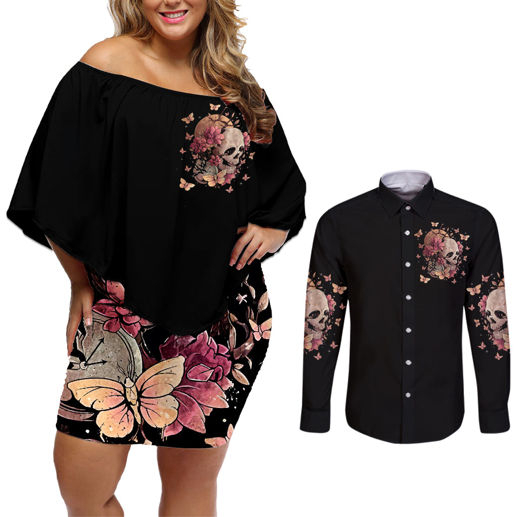 Flower Skull Couples Matching Off Shoulder Short Dress and Long Sleeve Button Shirts Iam A Sweet Girl Full Of Crazy - Wonder Print Shop