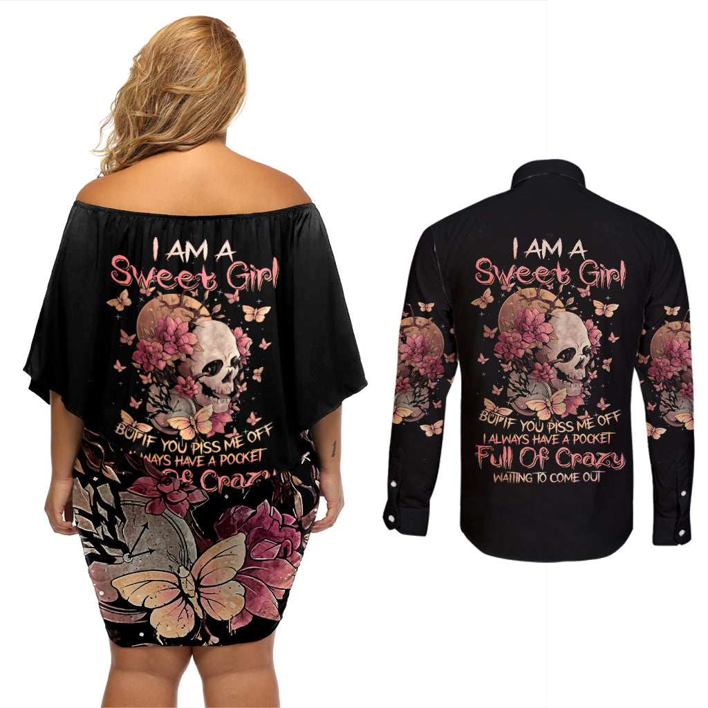 Flower Skull Couples Matching Off Shoulder Short Dress and Long Sleeve Button Shirts Iam A Sweet Girl Full Of Crazy - Wonder Print Shop