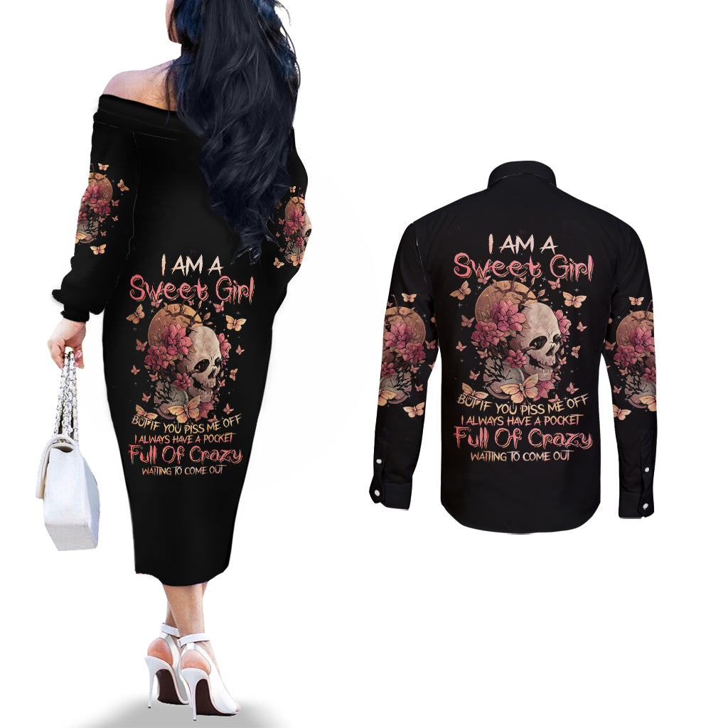 Flower Skull Couples Matching Off The Shoulder Long Sleeve Dress and Long Sleeve Button Shirts Iam A Sweet Girl Full Of Crazy DT01