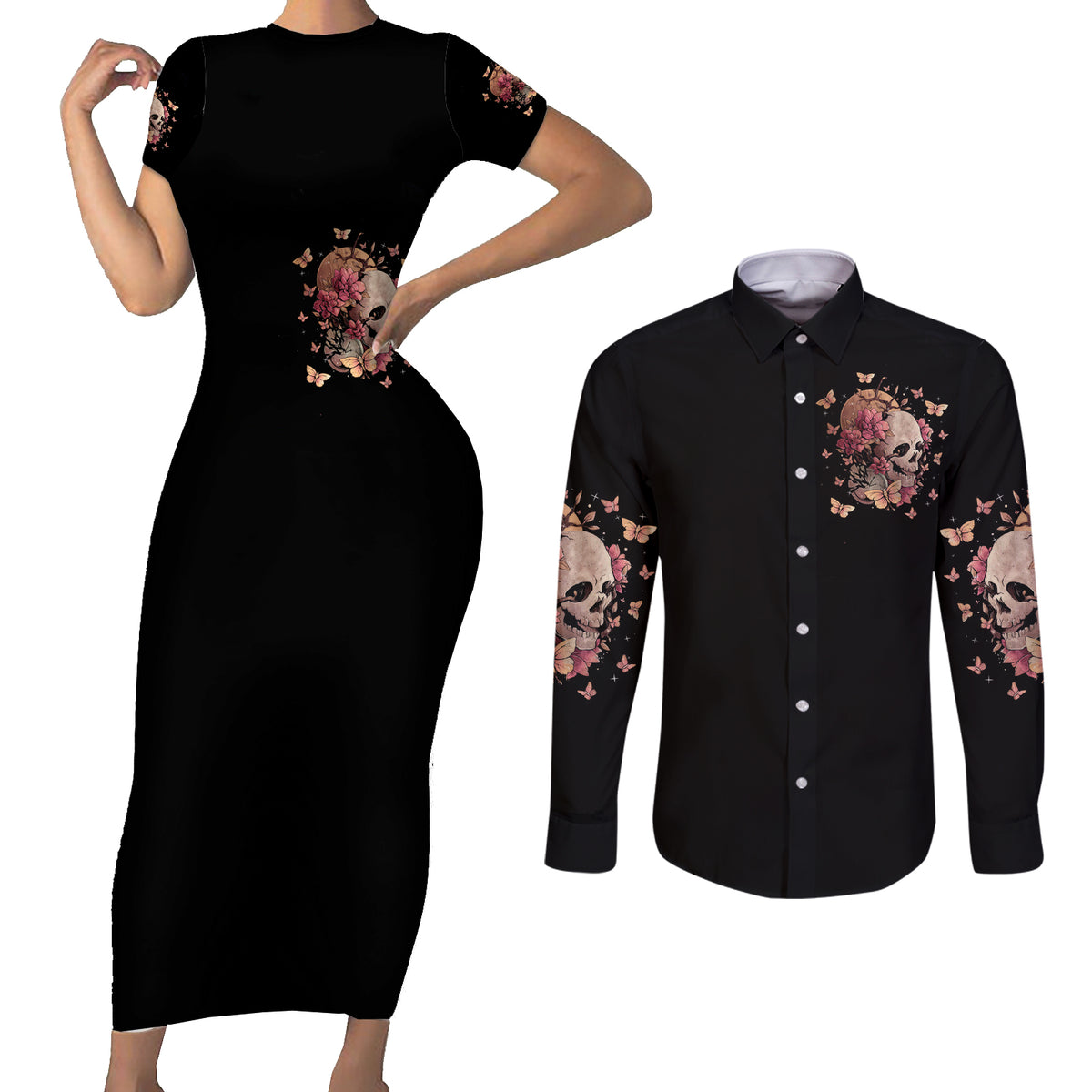 Flower Skull Couples Matching Short Sleeve Bodycon Dress and Long Sleeve Button Shirts Iam A Sweet Girl Full Of Crazy - Wonder Print Shop