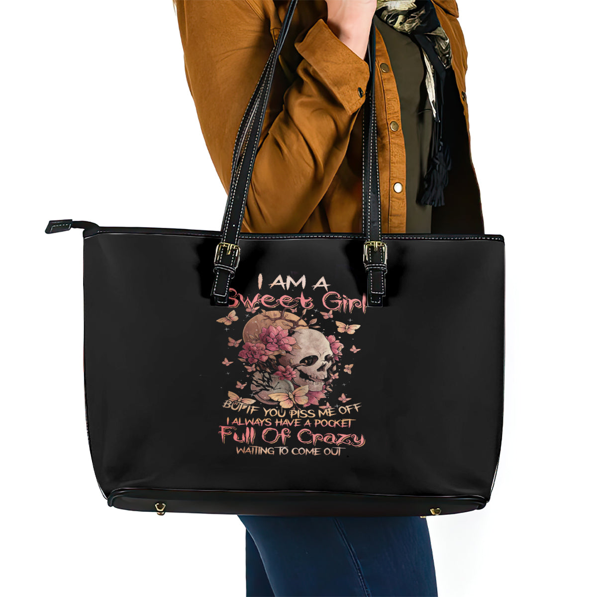 Flower Skull Leather Tote Bag Iam A Sweet Girl Full Of Crazy - Wonder Print Shop