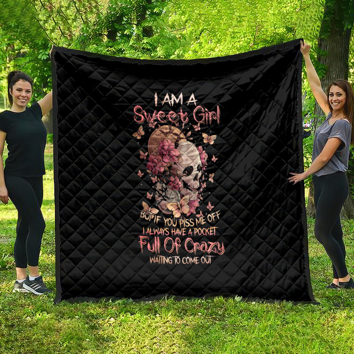 Flower Skull Quilt Iam A Sweet Girl Full Of Crazy - Wonder Print Shop