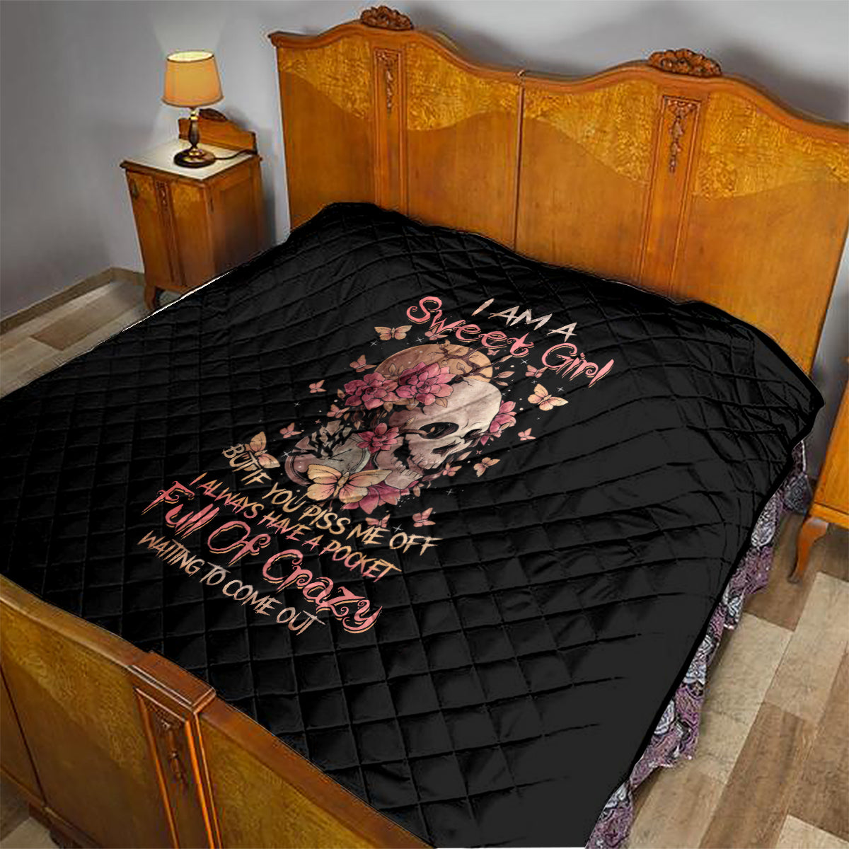 Flower Skull Quilt Iam A Sweet Girl Full Of Crazy - Wonder Print Shop
