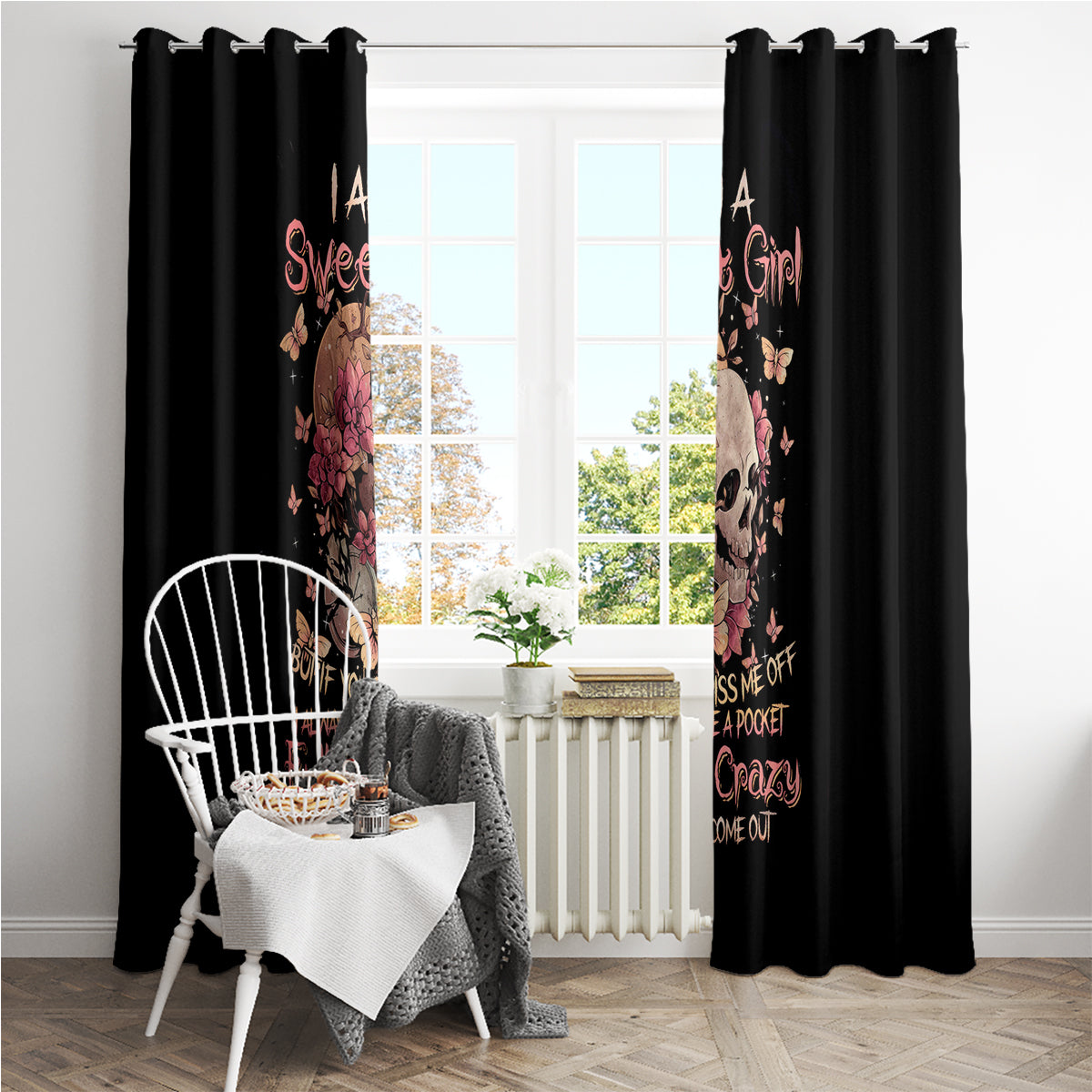Flower Skull Window Curtain Iam A Sweet Girl Full Of Crazy - Wonder Print Shop