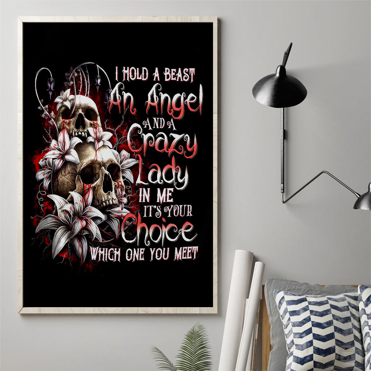 Blood Skull Canvas Wall Art I Hold A Angel And Crazy Lady It Your Choice - Wonder Print Shop