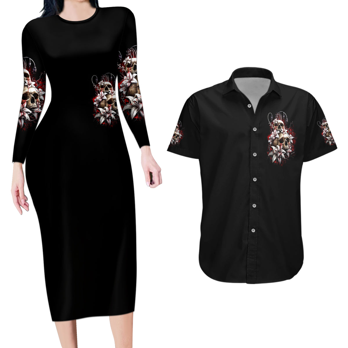 Blood Skull Couples Matching Long Sleeve Bodycon Dress and Hawaiian Shirt I Hold A Angel And Crazy Lady It Your Choice - Wonder Print Shop