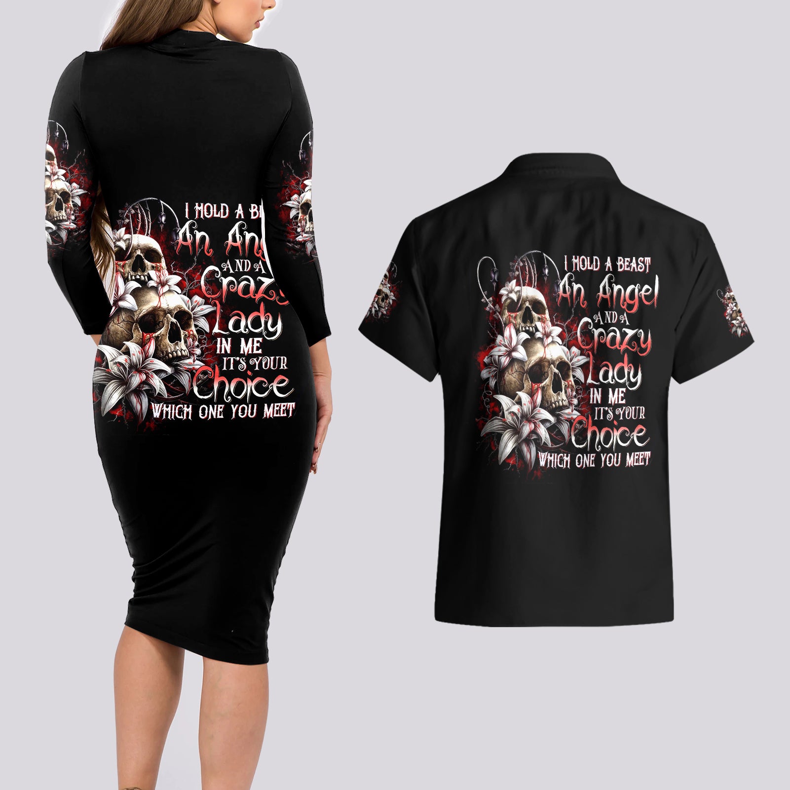 Blood Skull Couples Matching Long Sleeve Bodycon Dress and Hawaiian Shirt I Hold A Angel And Crazy Lady It Your Choice - Wonder Print Shop