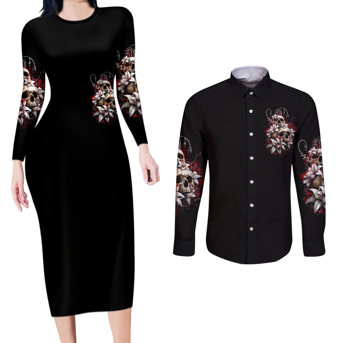 Blood Skull Couples Matching Long Sleeve Bodycon Dress and Long Sleeve Button Shirts I Hold A Angel And Crazy Lady It Your Choice - Wonder Print Shop