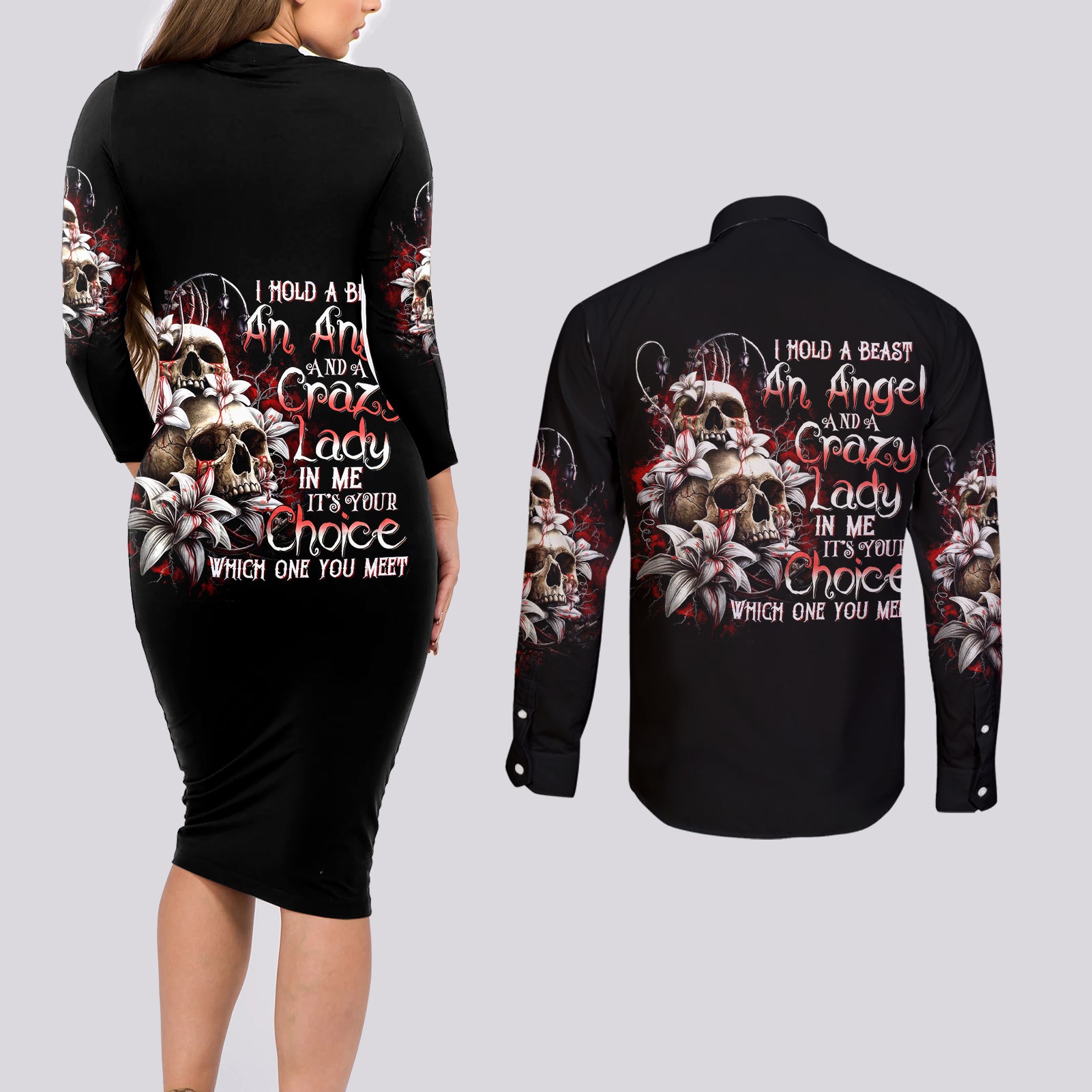 Blood Skull Couples Matching Long Sleeve Bodycon Dress and Long Sleeve Button Shirts I Hold A Angel And Crazy Lady It Your Choice - Wonder Print Shop