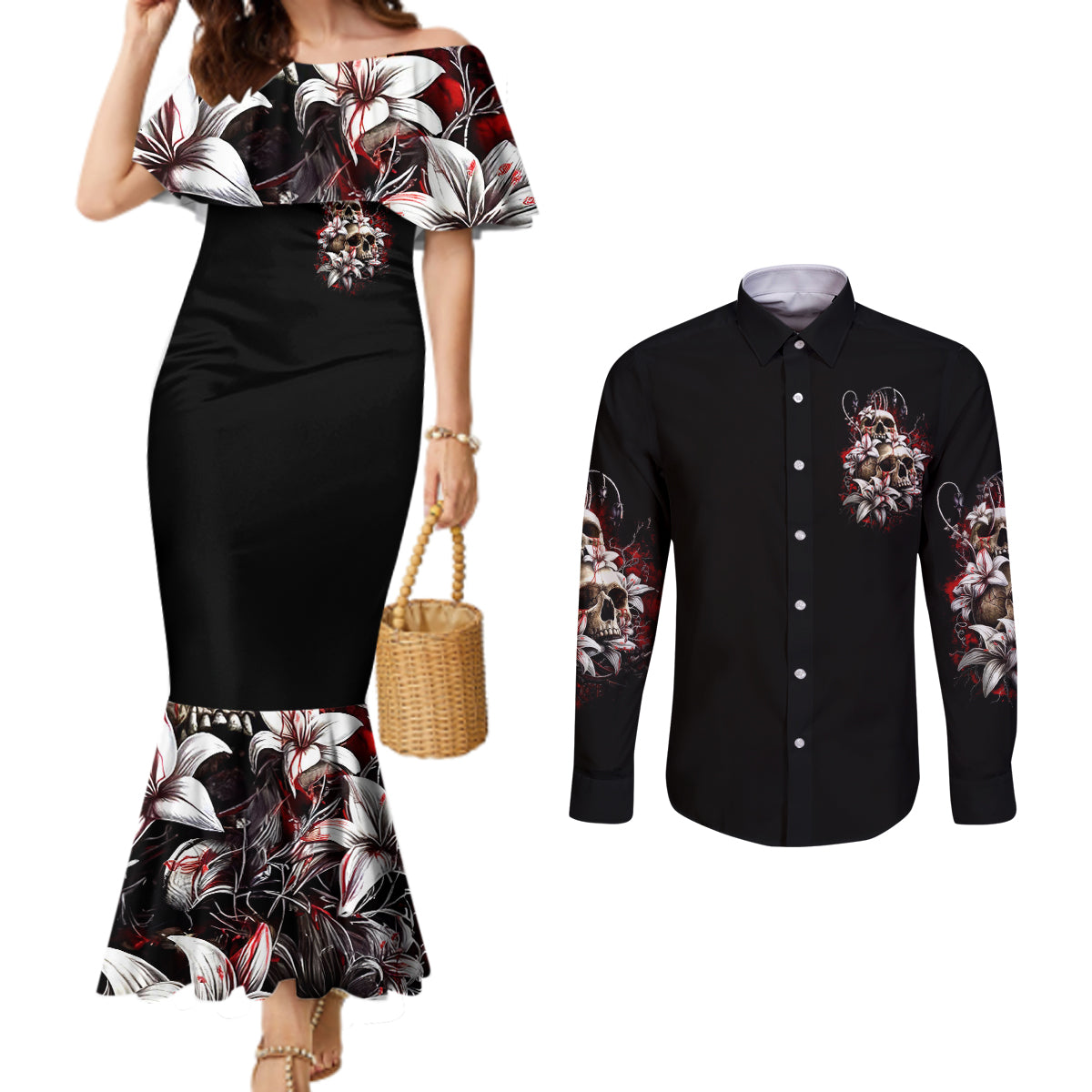 Blood Skull Couples Matching Mermaid Dress and Long Sleeve Button Shirts I Hold A Angel And Crazy Lady It Your Choice DT01