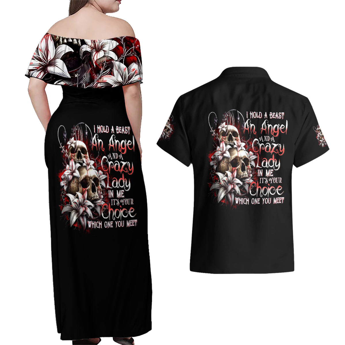 Blood Skull Couples Matching Off Shoulder Maxi Dress and Hawaiian Shirt I Hold A Angel And Crazy Lady It Your Choice - Wonder Print Shop