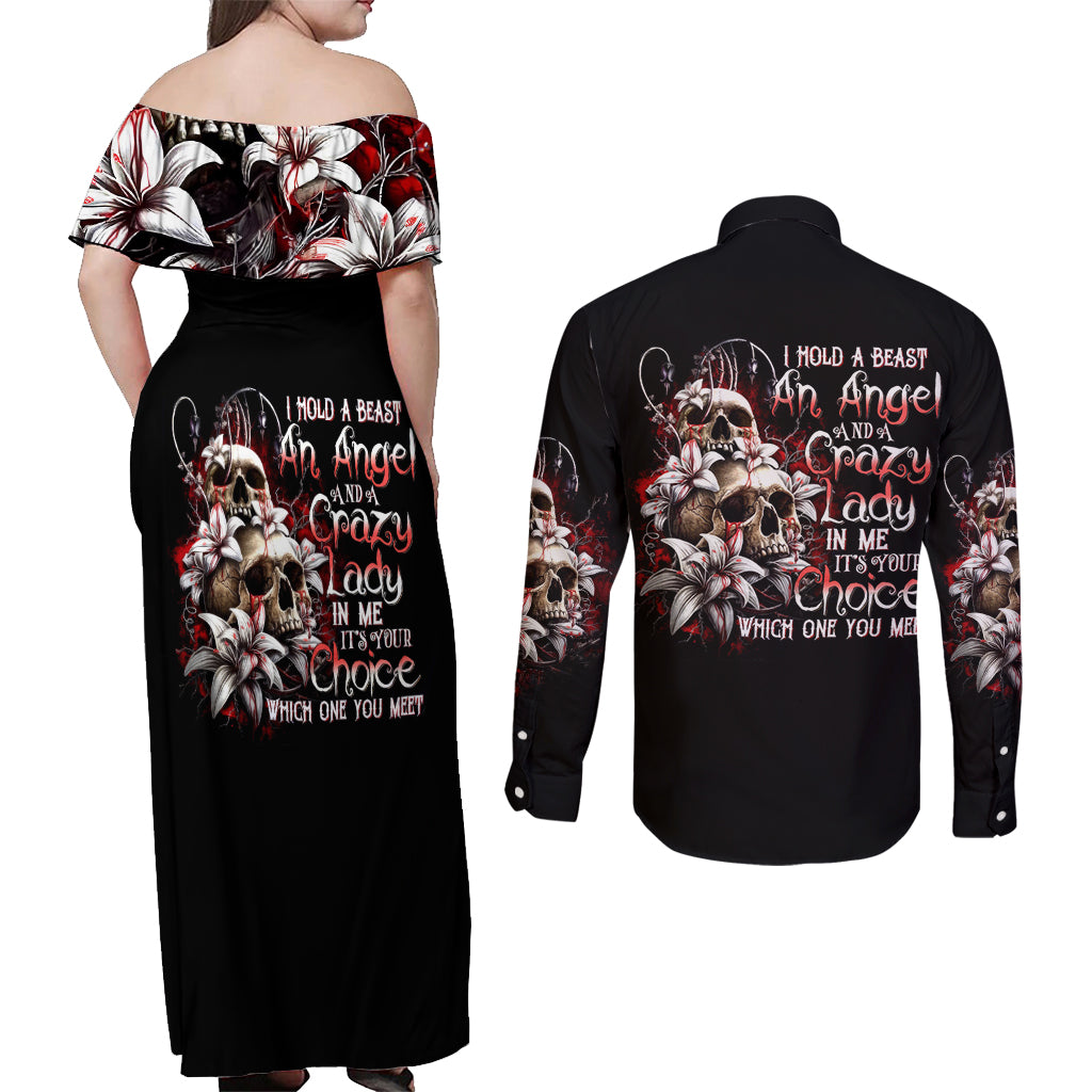 Blood Skull Couples Matching Off Shoulder Maxi Dress and Long Sleeve Button Shirts I Hold A Angel And Crazy Lady It Your Choice - Wonder Print Shop